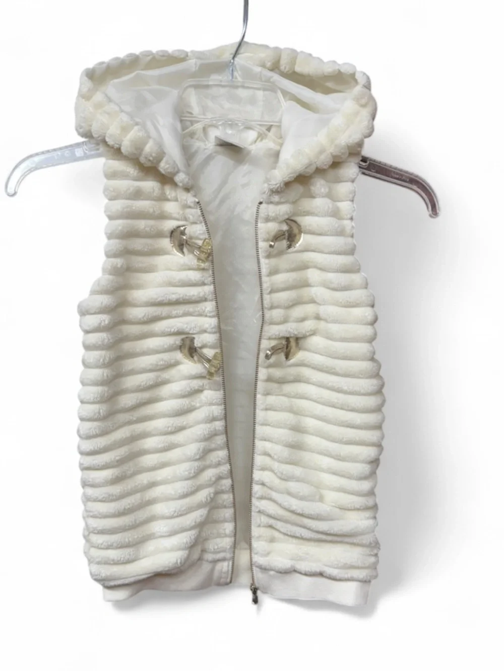 Forever Me Girls Cream Hooded Vest Size 6 Ribbed Fleece Gold Toggles